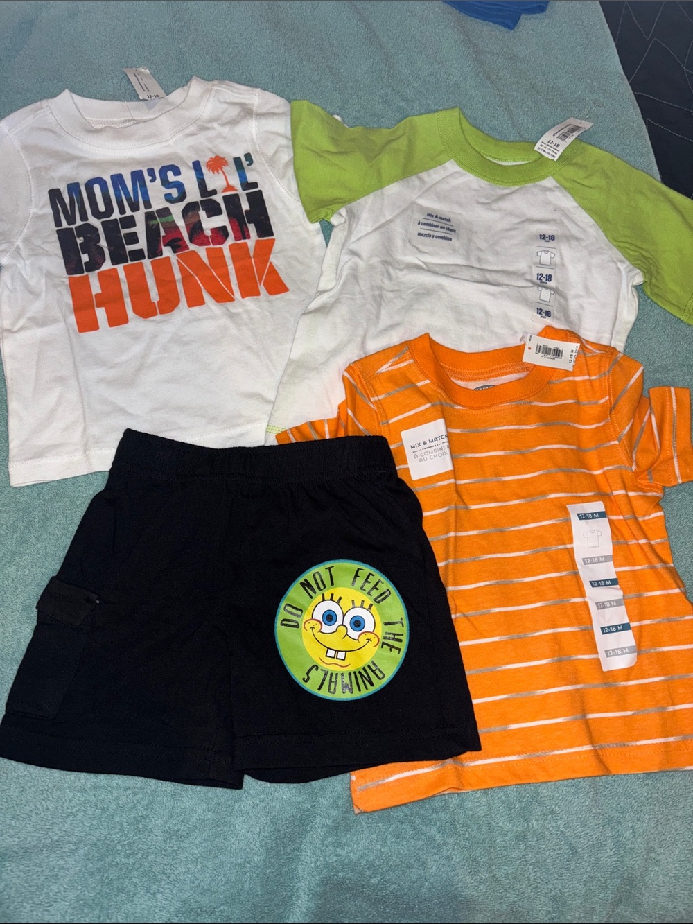 4 NWT Old Navy Black SpongeBob Shorts, orange striped, white & lime & moms tee